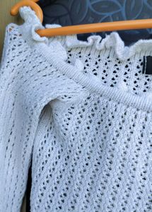 White Off-Shoulder Cropped Knit Top