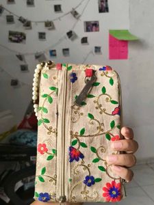 Embroidered Clutch with Pearl Handle