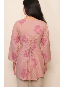 Pink Block Print Tie-Neck Kurta