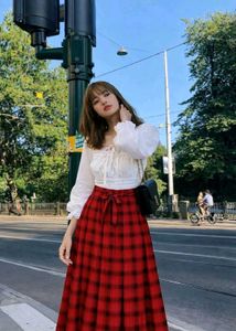 Red Plaid Maxi Skirt with Slit