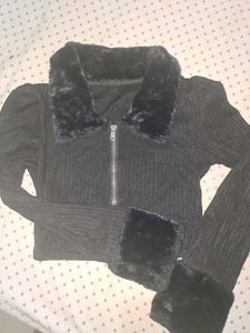 Black Faux Fur Trimmed Cropped Jacket