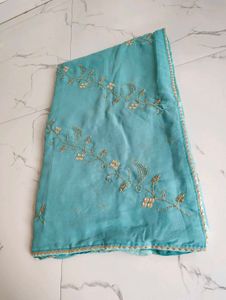Beautiful Teal Saree with Gold Embroidery