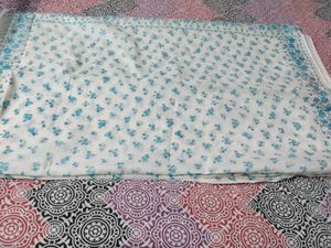 White Blue Floral Print Cotton Saaree🤍💙