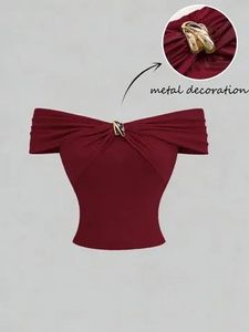 Off-Shoulder Ruched Top with Metal Detail