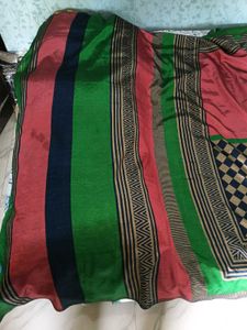 GentlyUsed CottonSilk Saree-RustBlackGreenStripes