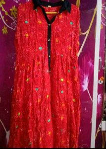 Red Printed Maxi Dress with Black Accents