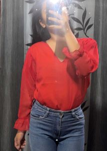 Chic Red V-Neck Sheer Sleeve Top