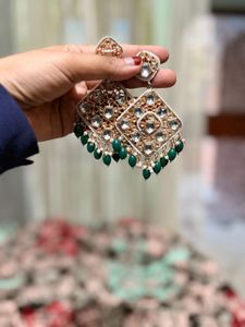 Elegant Kundan Earrings with Green Beads