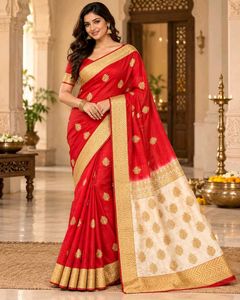 Elegant Red &amp; Cream Saree with Gold Embellishments