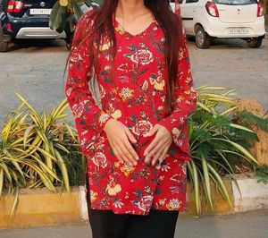 Red Floral Bell Sleeve Kurti