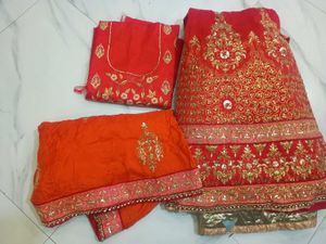 Stunning Orange &amp; Red Embroidered Lehenga Choli