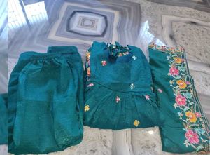 Embroidered Teal Kurta Set with Palazzo &amp; Dupatta