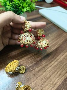 Elegant Jhumka Earrings with Red Beads
