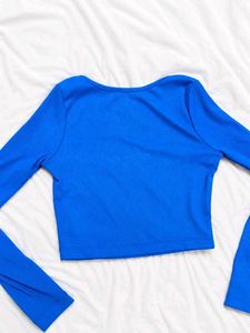 Blue Ribbed Square Neck Crop Top