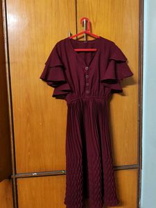 Maroon Pleated Ruffle Sleeve Dress
