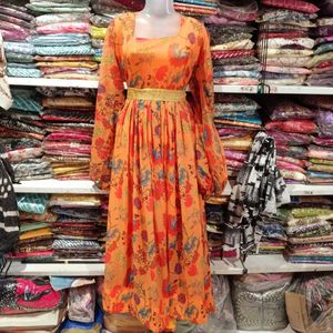 Beautiful Orange Floral Print Gown wth belt