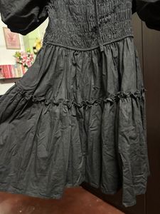 Black Smocked Puff Sleeve Tiered Dress