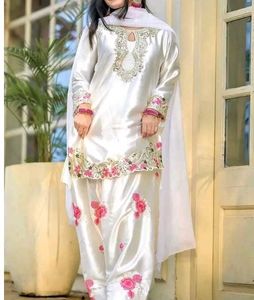 White Silk Kurta Set with Pink Embroidery