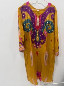 New Pure silk Ikkat yellow Kurta Set with Dupatta