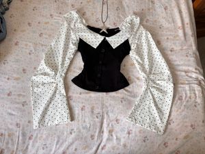 Black &amp; White Polka Dot Flare Sleeve Top