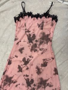 SAVANA Pink Tie-Dye Lace Trim Slip Dress