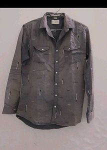Men's Grey Graphic Print Western Shirt