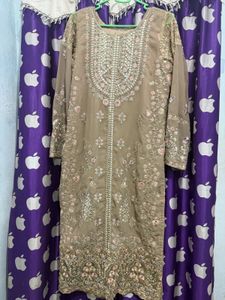 Pakistani beige Embroidered Kurta Set with Dupatta