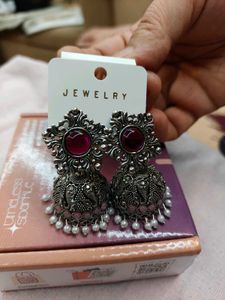 Oxidised Silver Jhumka Earrings with Red Stone