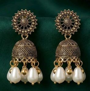 Boho Jhumka Earrings with White Beads