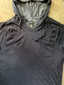 Men's Navy Blue V-Neck Hoodie T-Shirt