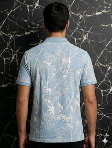 Stylish Men's Blue Bamboo Print Polo T-Shirt