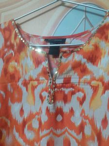 Orange Abstract Print Kurta with Embellishments