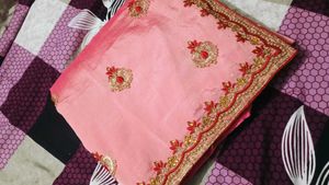 New Pink Embroidered Silk Saree with Blouse Piece