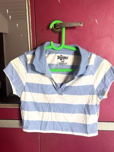 Blue & White Striped Crop Polo Top