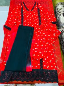 Red Printed Kurta with Black Bottom