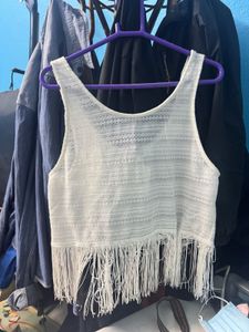 H&M Divided White Open Knit Fringe Hem Sleeveless