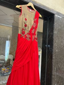 Stunning Red & Gold Embroidered draped ethnic gown