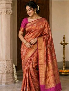 Elegant rani pink Banarasi Silk Saree without blou