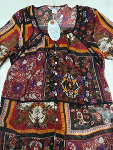 Boho Patchwork Print Sheer Tunic Top