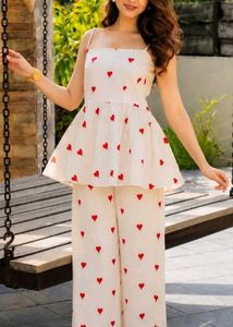 White & Red Heart Print Peplum Top with Palazzo Co