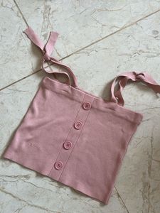 Mauve Pink Button-Up Crop Top with Tie Straps