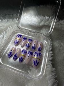 Traditional Blue Floral Navratri Press-On Nails