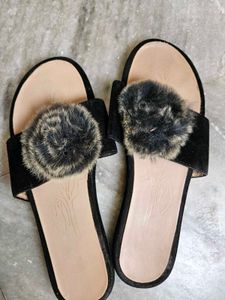 Black Faux Fur Slides