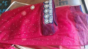 Red saree Set with blue velvet border