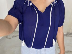 Navy Blue Embroidered Tassel Top