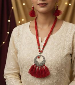 Red Tassel Necklace & Earring Set