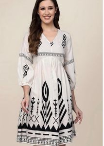 Aesthetic COTTON Boho Print V-Neck Midi Dress