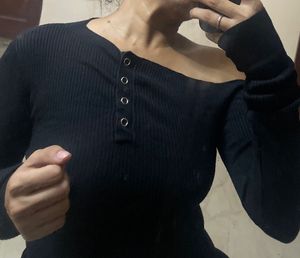 Black Ribbed Button Detail Off-Shoulder Dress