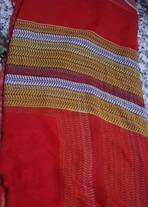Vibrant Red Saree with Geometric Border