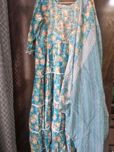 Sea Green Floral Tiered Cotton Kurta